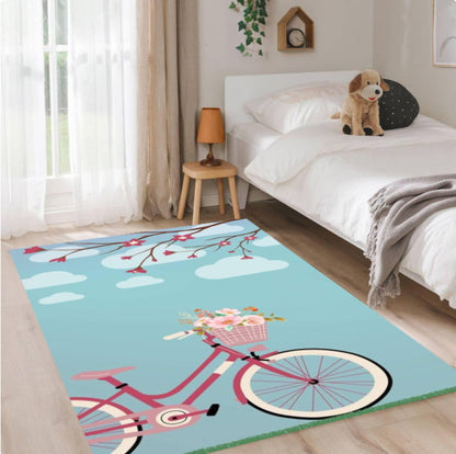 Pink Bicycle Floral Kids Room Rug Bicycle