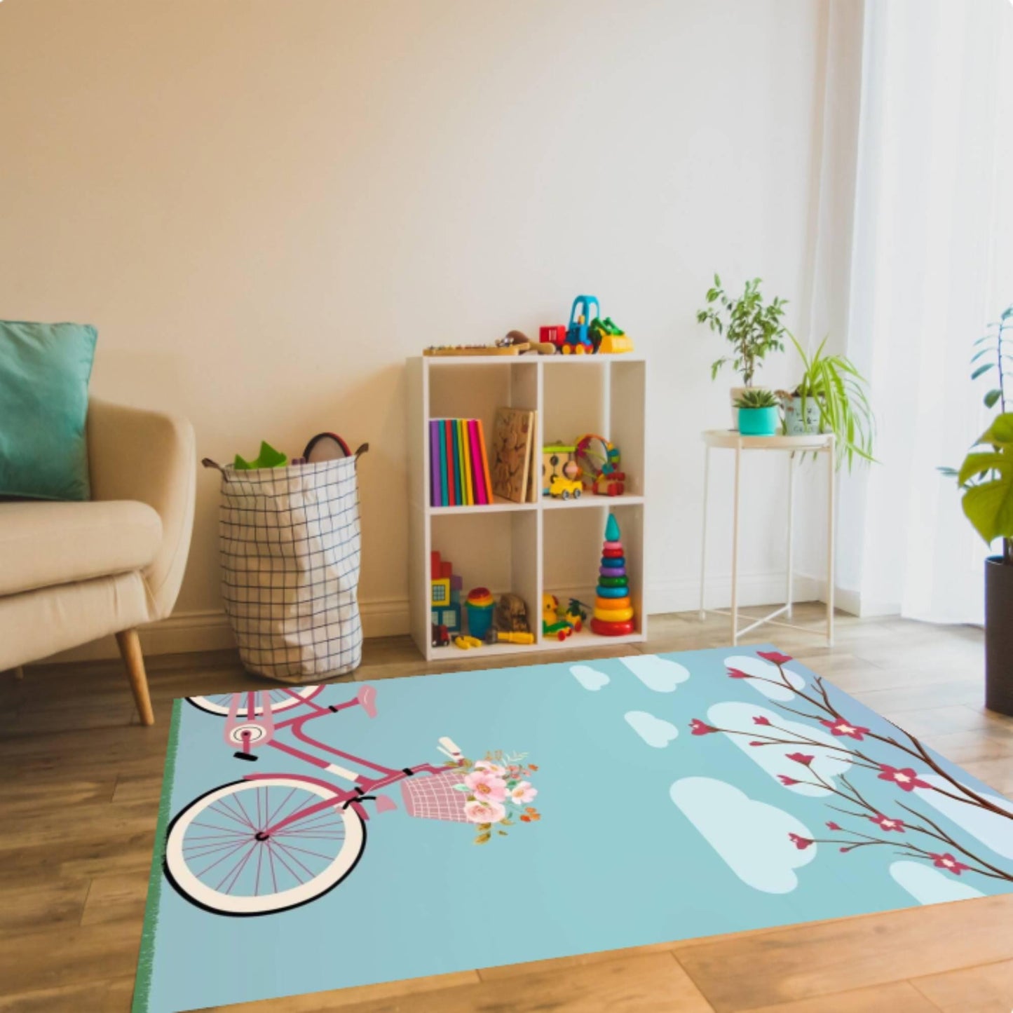 Pink Bicycle Floral Kids Room Rug Bicycle