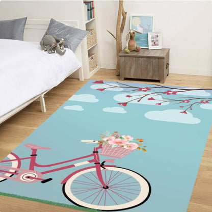 Pink Bicycle Floral Kids Room Rug Bicycle