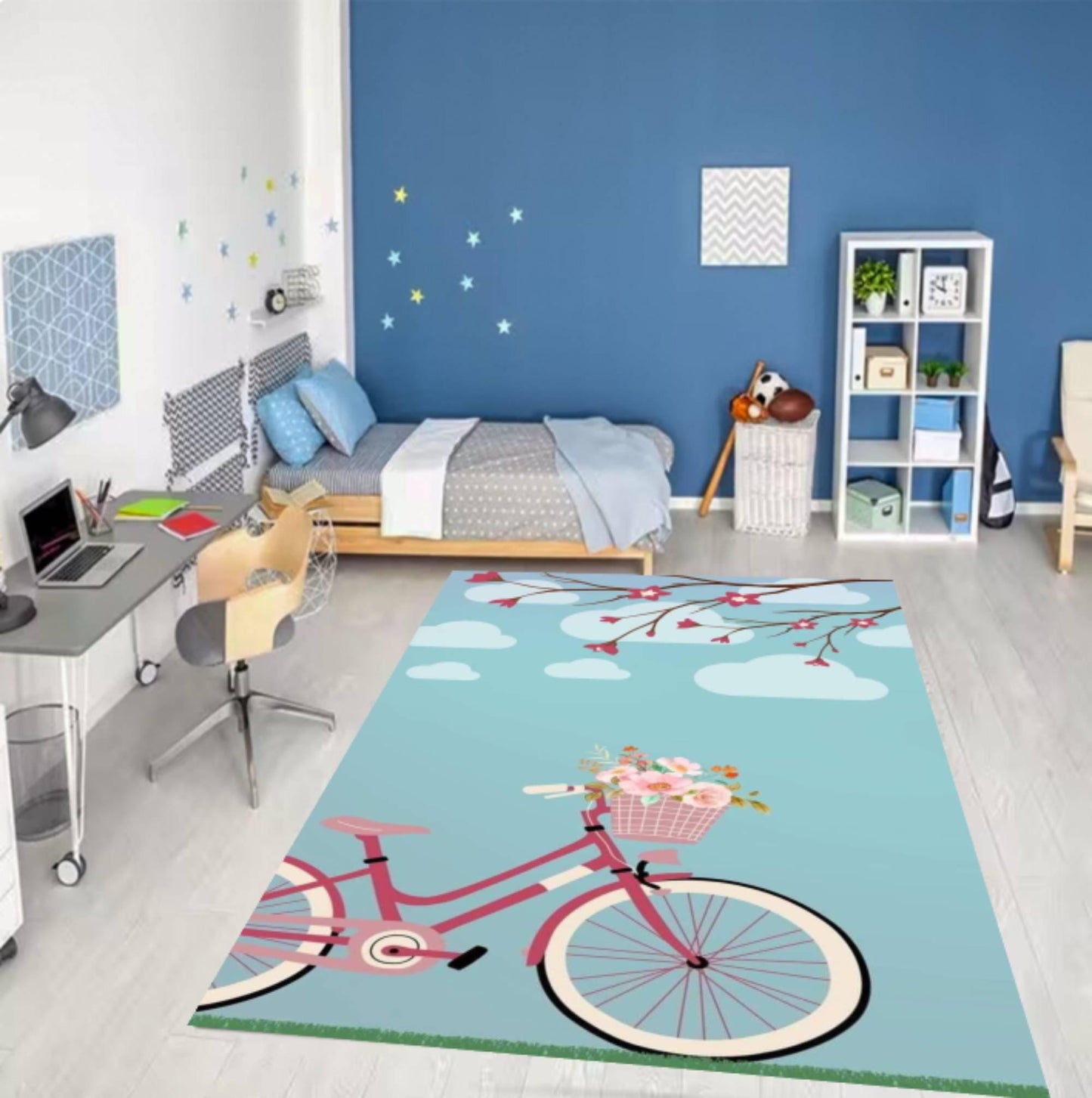 Pink Bicycle Floral Kids Room Rug Bicycle