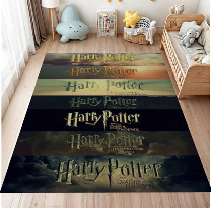 Harry Potter-themed rug on a wooden floor with children's toys and furniture in the background.