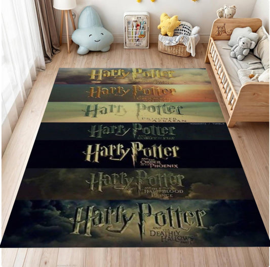 Harry Potter-themed rug on a wooden floor with children's toys and furniture in the background.