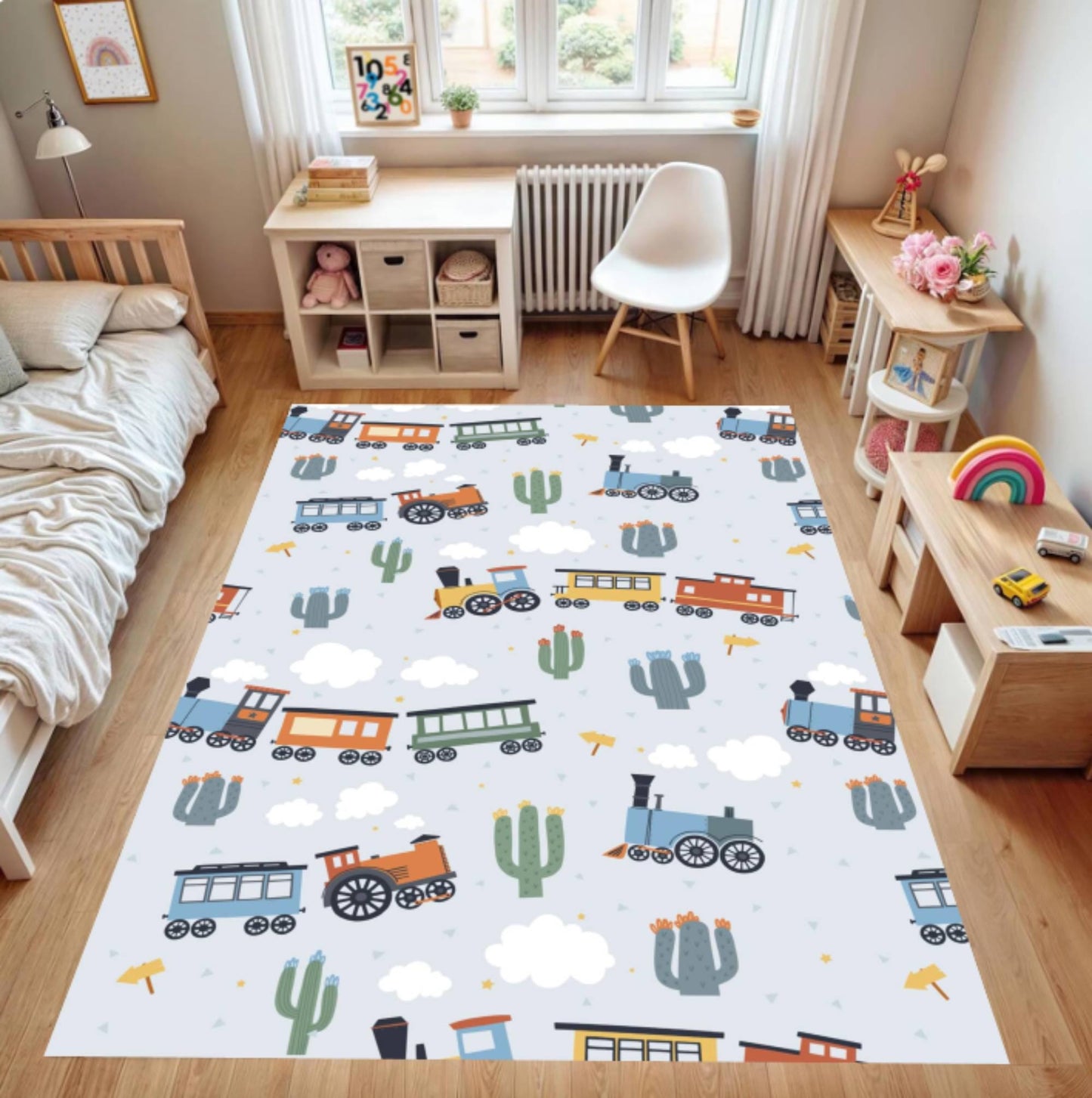 Train Nursery Rug, Kids Playroom Carpet, Washable Non-Slip