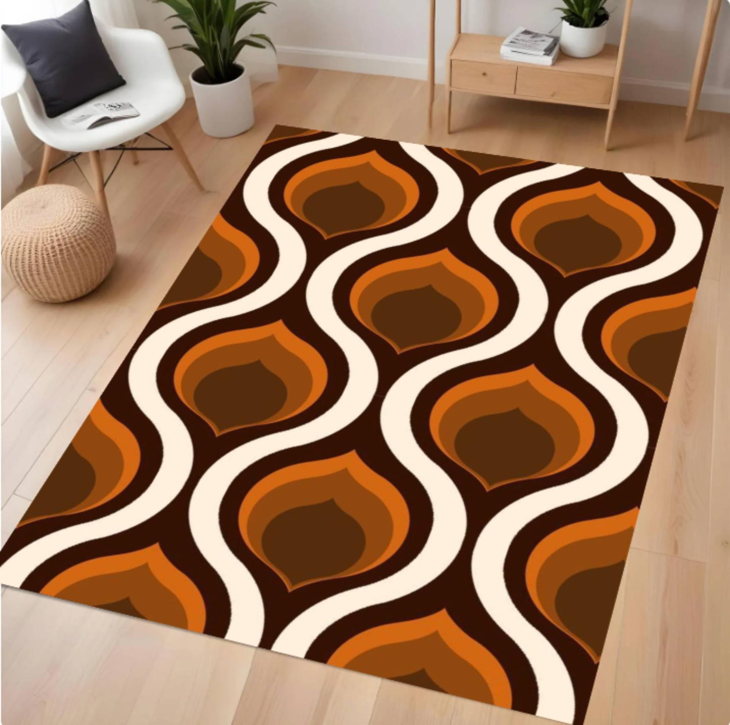 Decorative rug with brown and orange pattern on a wooden floor