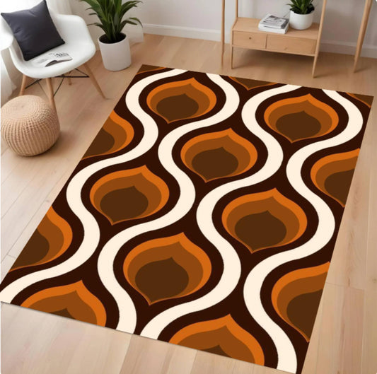 Decorative rug with brown and orange pattern on a wooden floor