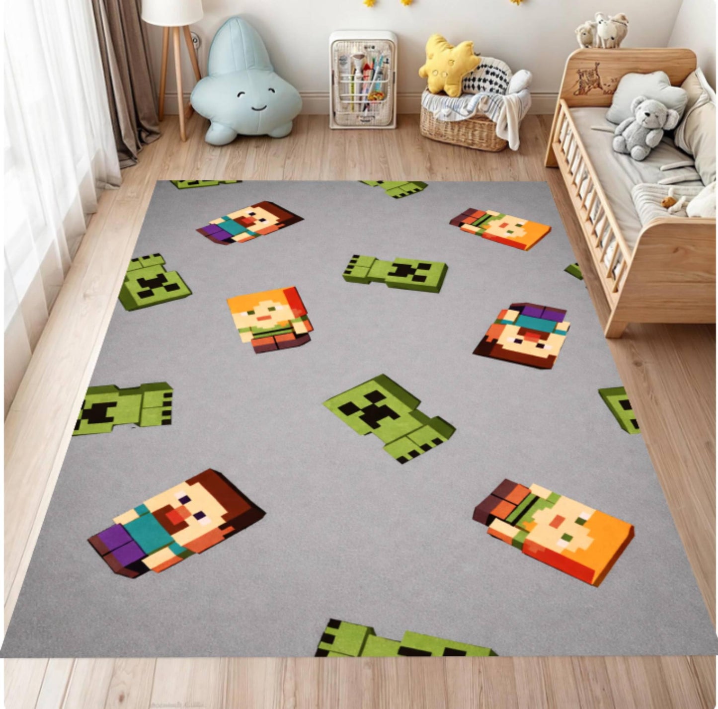 Children's room with a gray rug featuring colorful pixelated character designs.