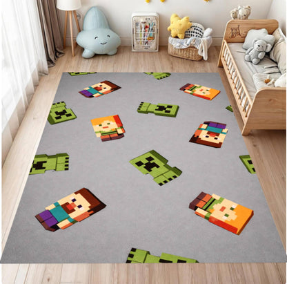Children's room with a gray rug featuring colorful pixelated character designs.