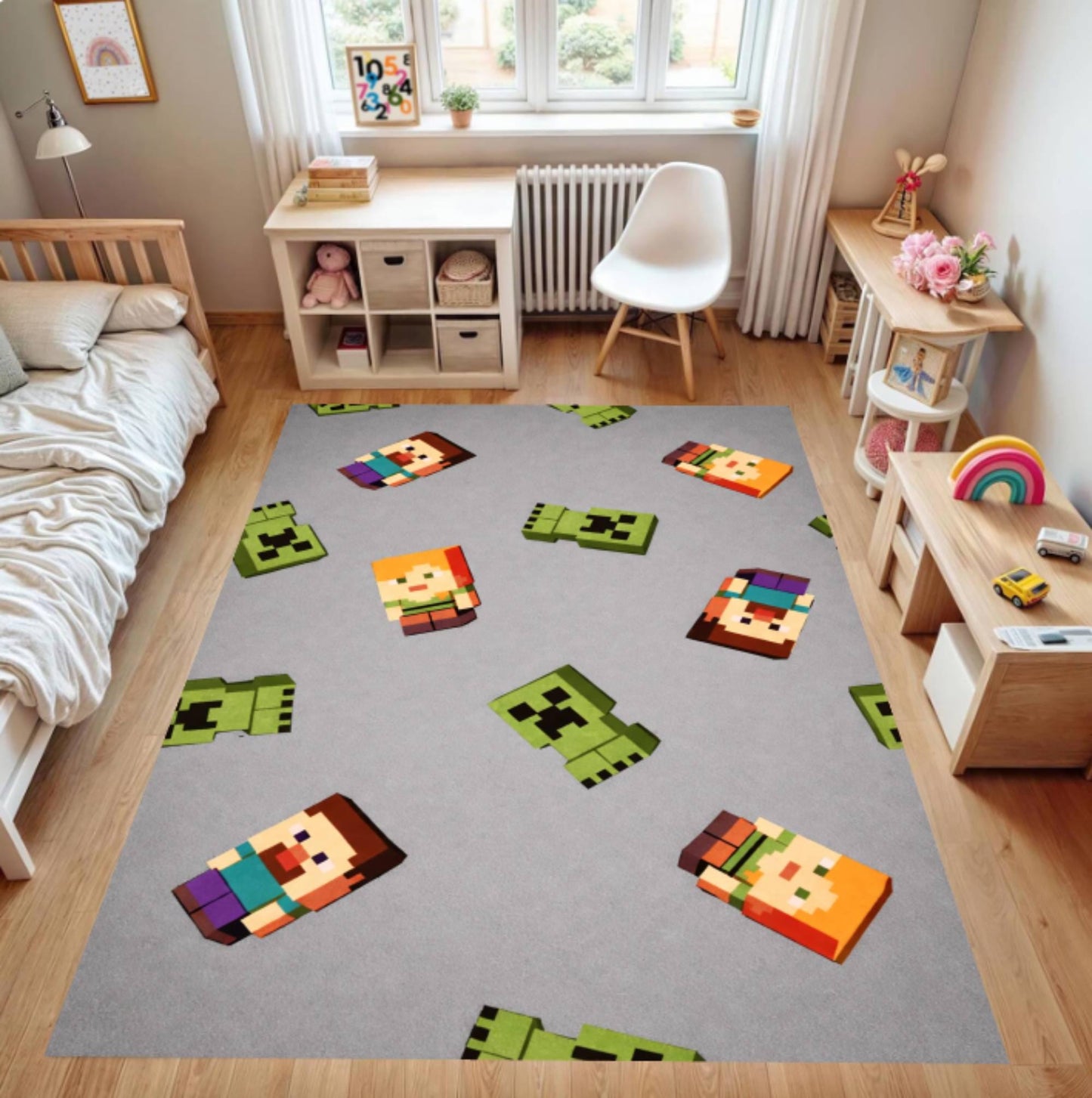 Pixel Gaming Kids Area Rug – Retro Cartoon Block Style Washable Non-Slip