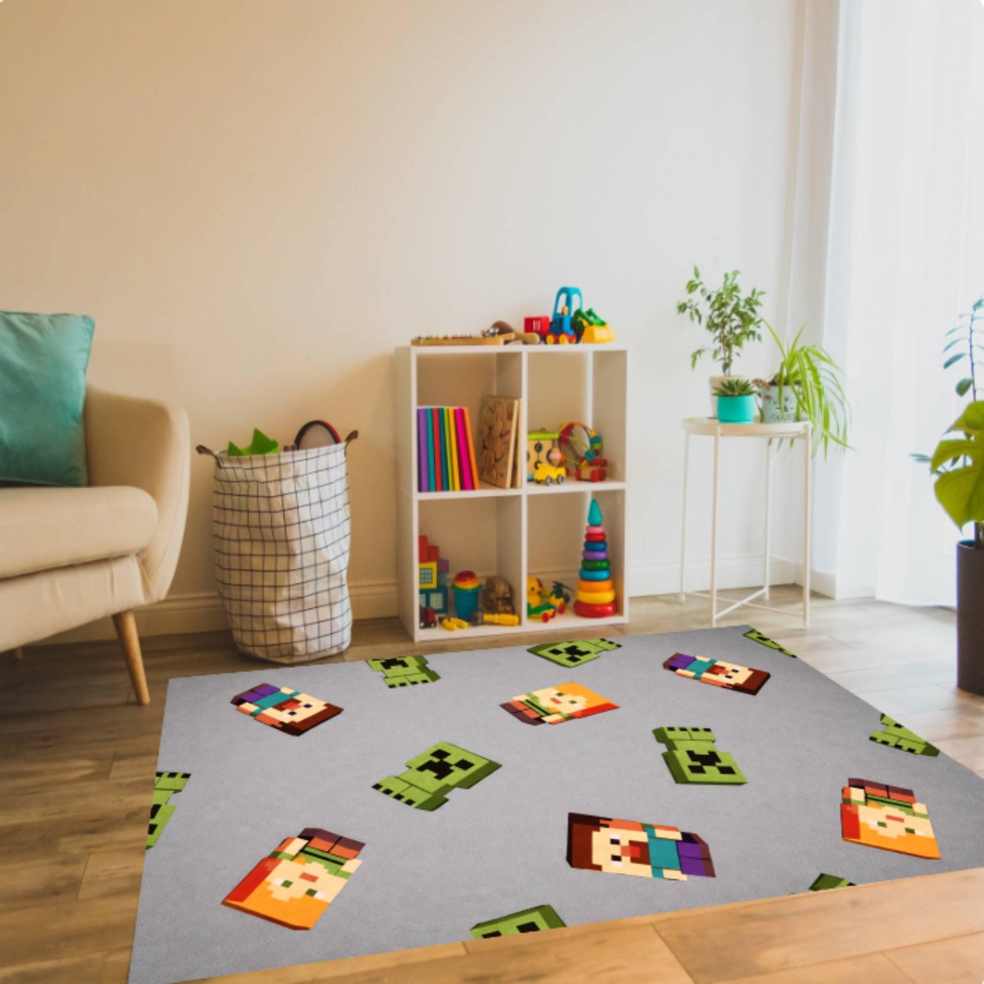 Pixel Game Kids Rug, Block Cartoon Style, Washable Playroom Decor