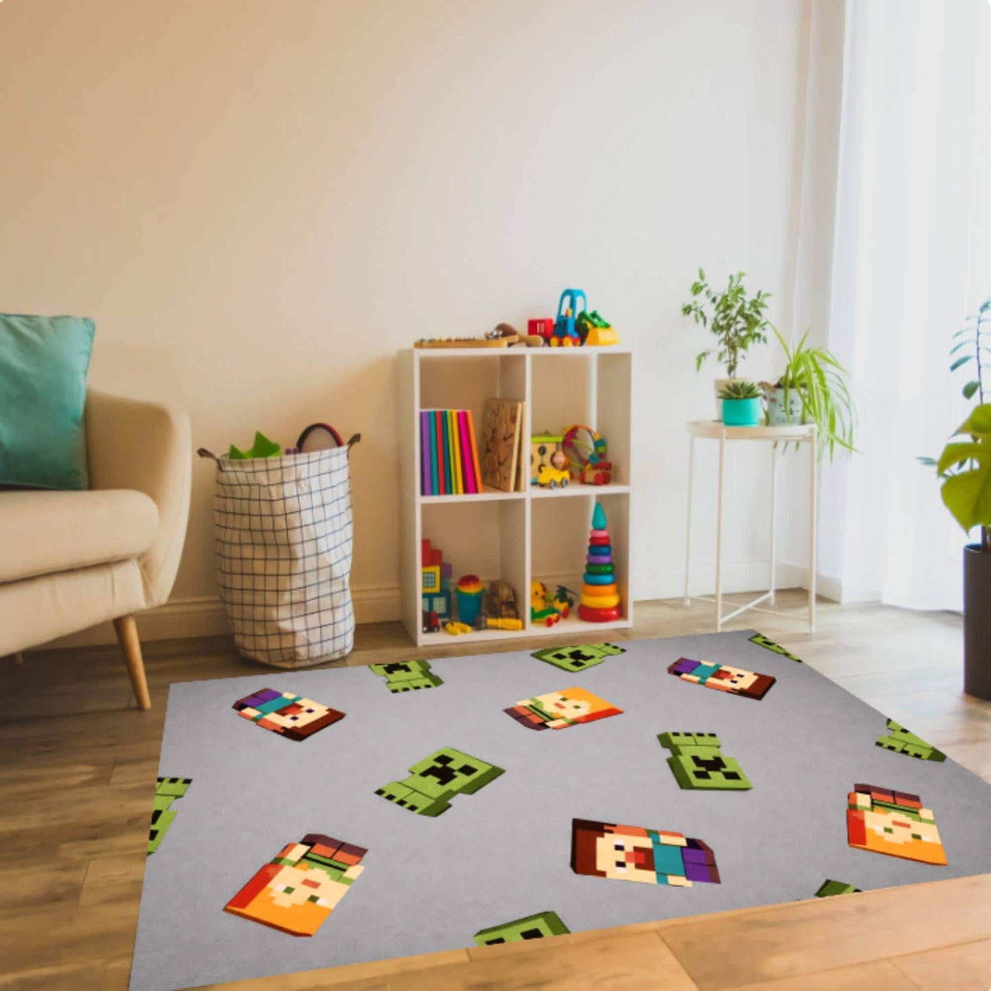 Pixel Gaming Kids Area Rug – Retro Cartoon Block Style Washable Non-Slip