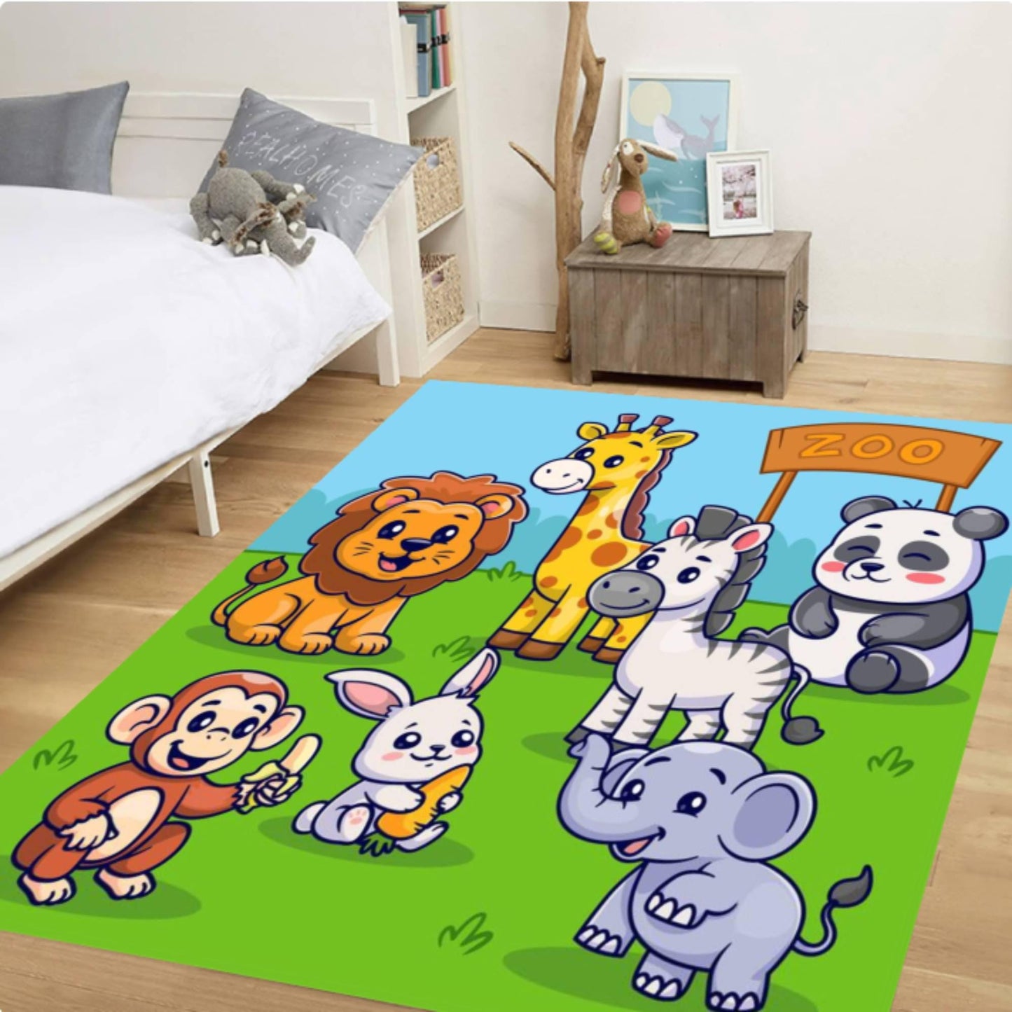 Cute Zoo Animals Kids Rug - Safari Cartoon Playroom Floor Mat