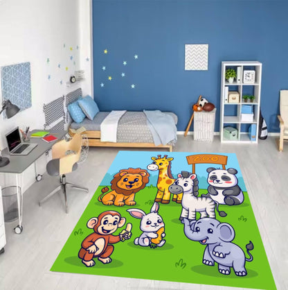 Cute Zoo Animals Kids Rug - Safari Cartoon Playroom Floor Mat