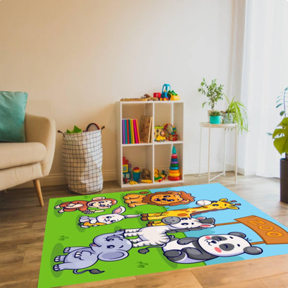 Cute Zoo Animals Kids Rug - Safari Cartoon Playroom Floor Mat