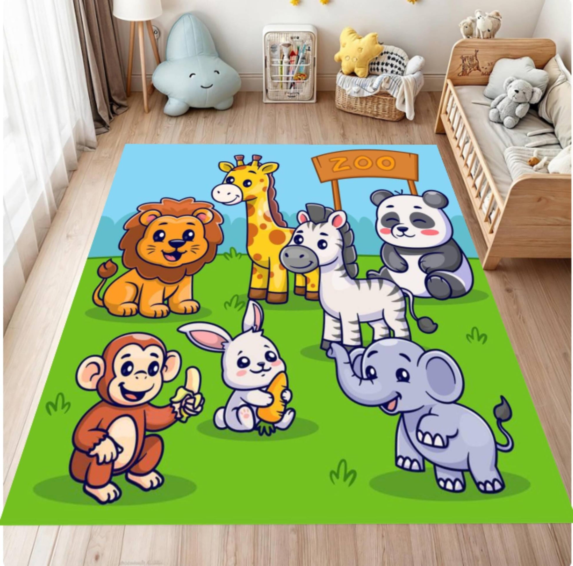 Children's room with a cartoon animal rug featuring lion, giraffe, zebra, panda, monkey, rabbit, and elephant.