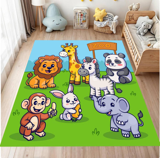 Children's room with a cartoon animal rug featuring lion, giraffe, zebra, panda, monkey, rabbit, and elephant.