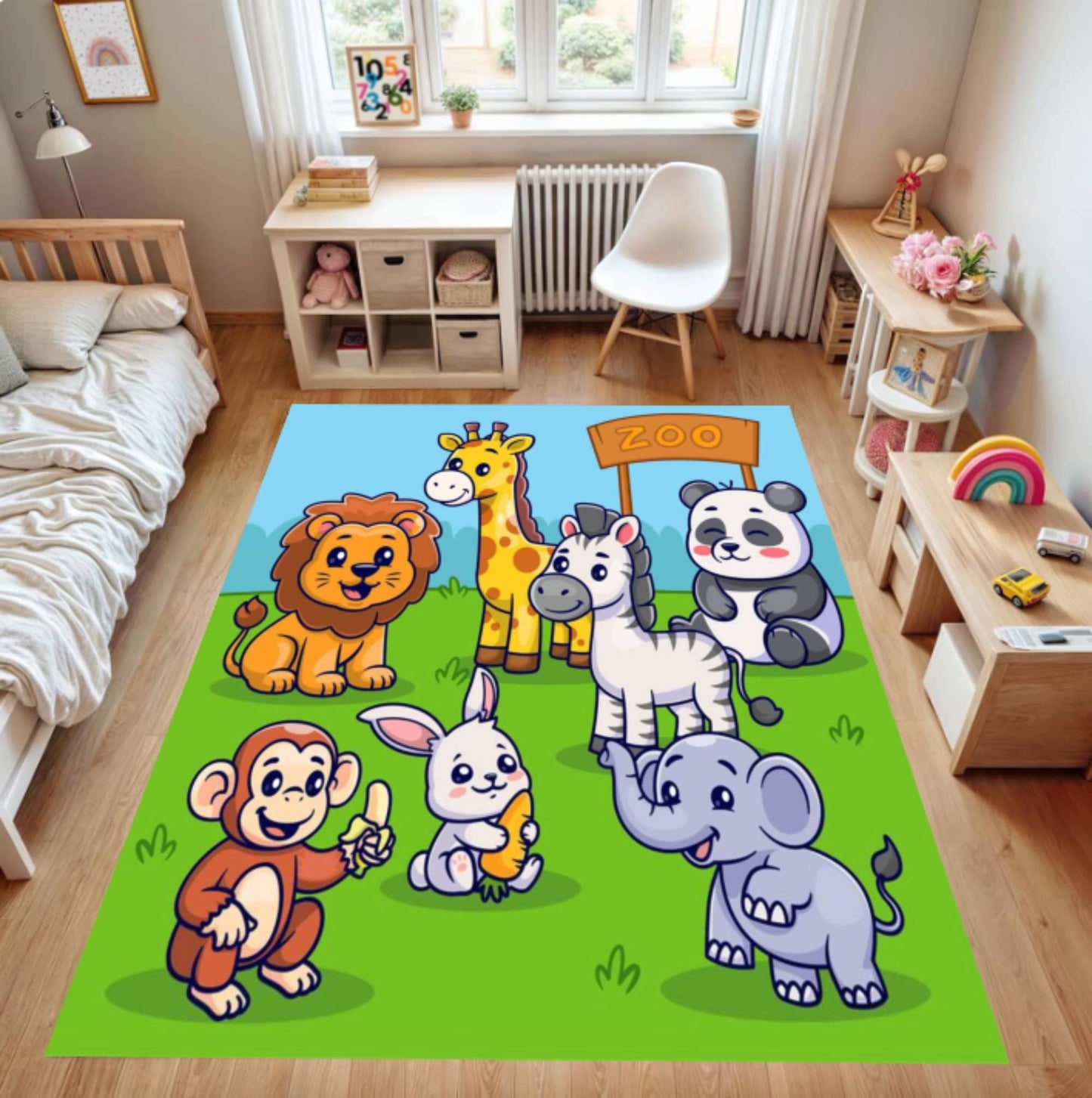 Cute Zoo Animals Kids Rug - Safari Cartoon Playroom Floor Mat