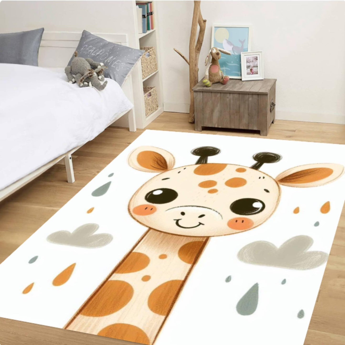 Cute Giraffe Kids Room Rug Neutral Safari Nursery Rug