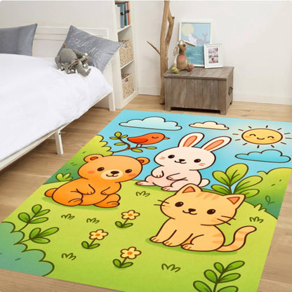 Cute Animals Rug Playroom Nursery Design Bear Rabbit Washable Rug