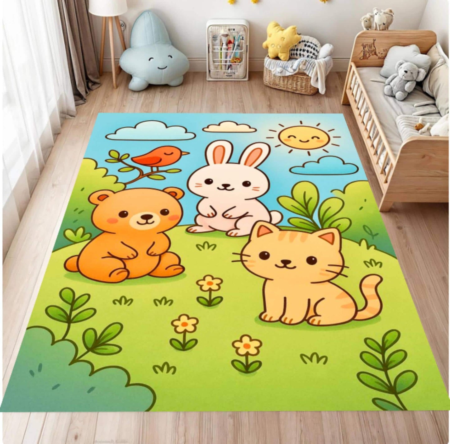 Children's room with a colorful rug featuring cartoon animals on a wooden floor.