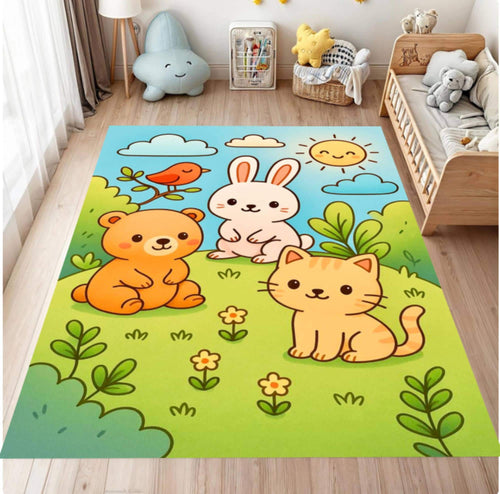 Children's room with a colorful rug featuring cartoon animals on a wooden floor.