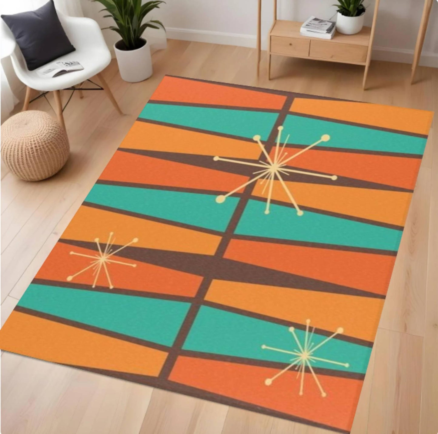 Colorful geometric rug with starburst patterns on a wooden floor.