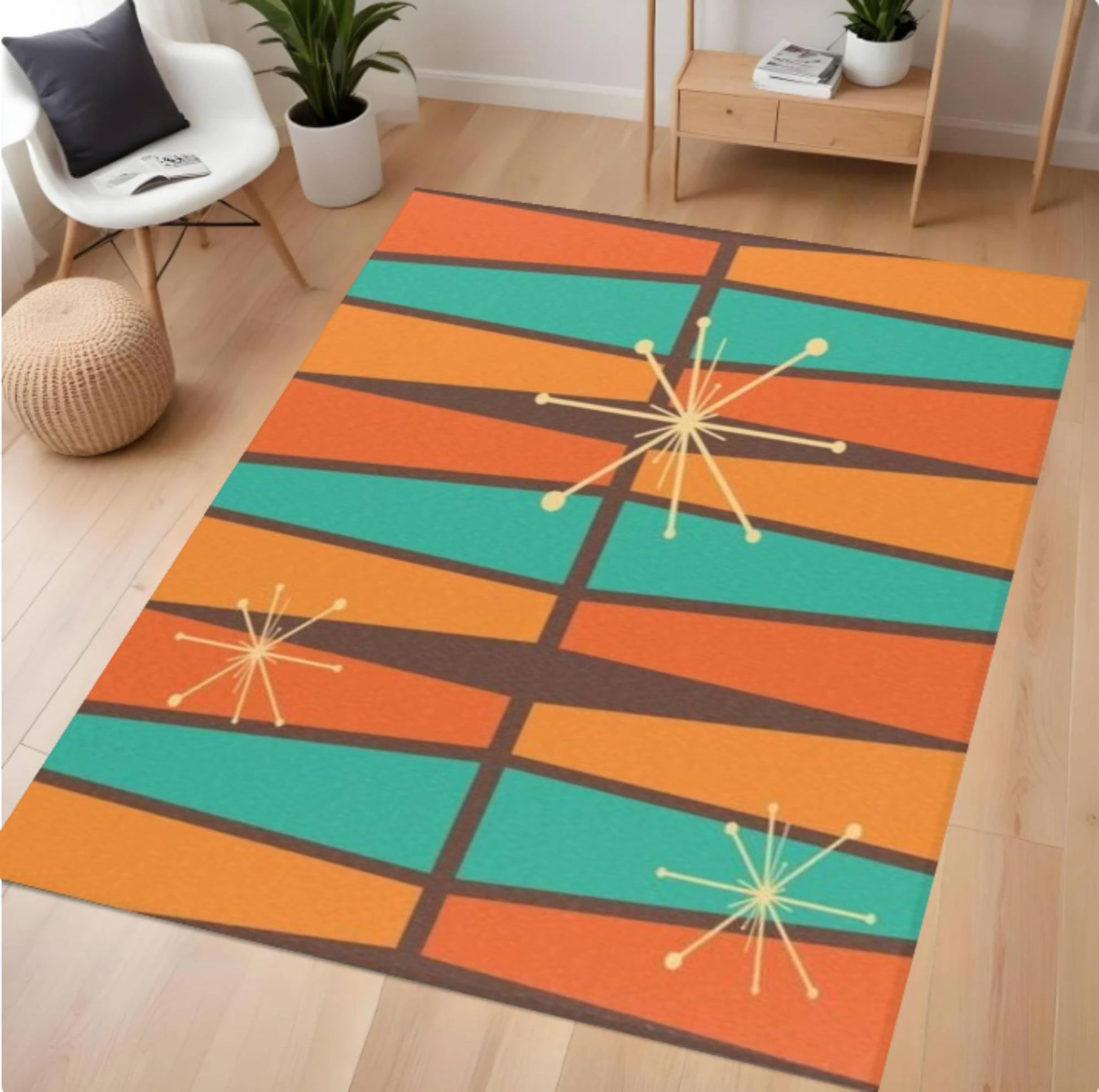 Colorful geometric rug with starburst patterns on a wooden floor.