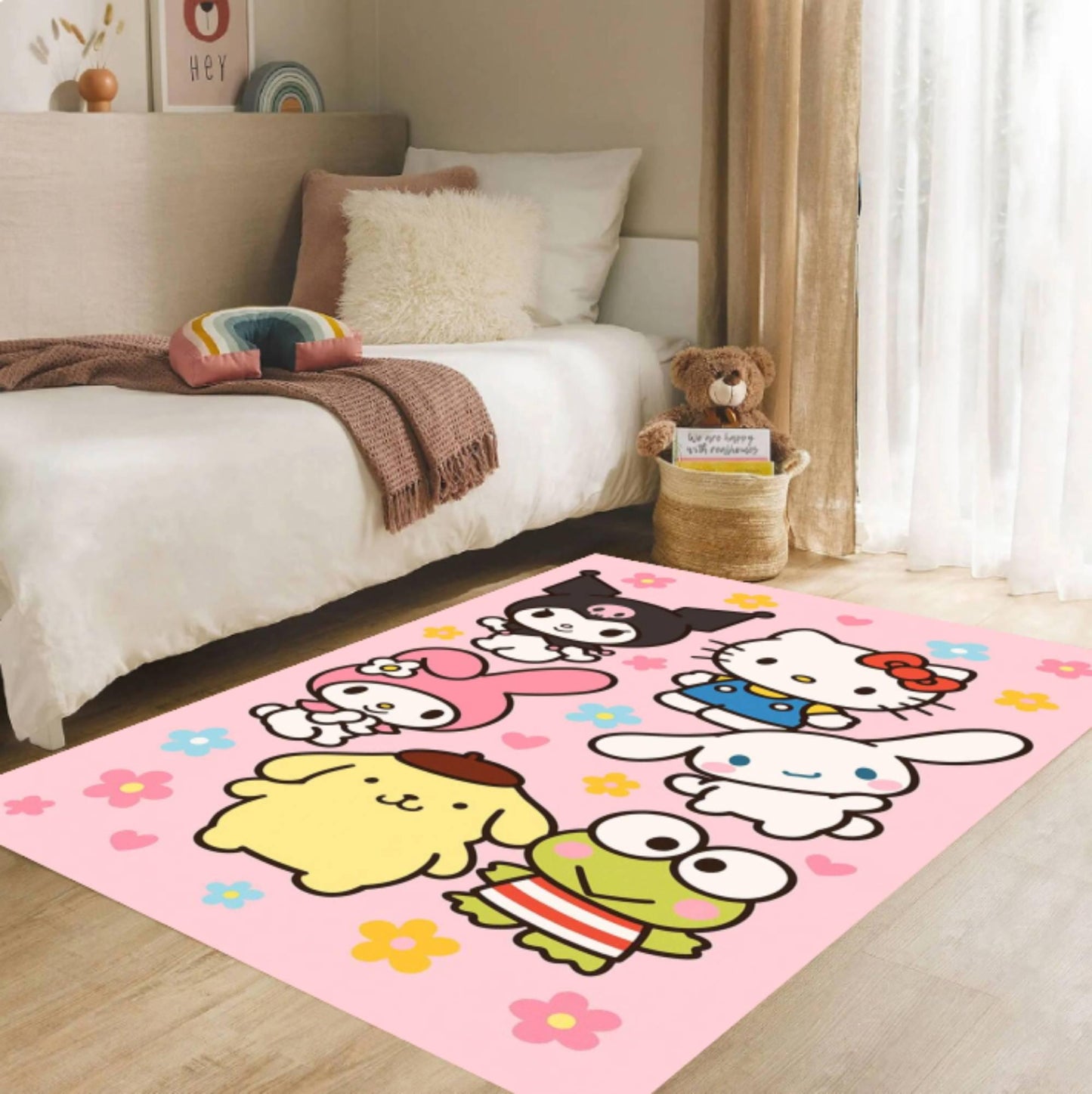Cute Kawaii  Cartoon Pink Nursery Rug Washable Non-Slip