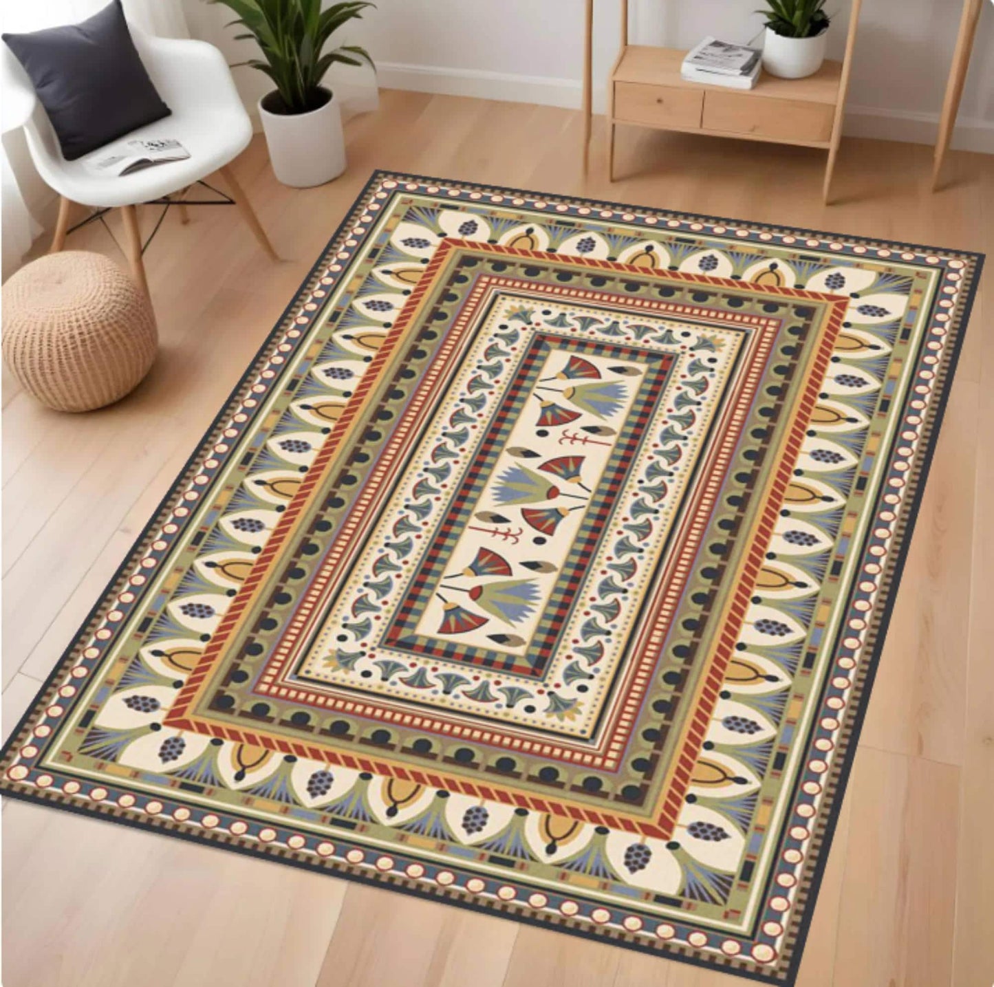 A rectangular area rug with an intricate multicolor geometric and floral pattern, displayed on a light wood floor in a modern living room setting.