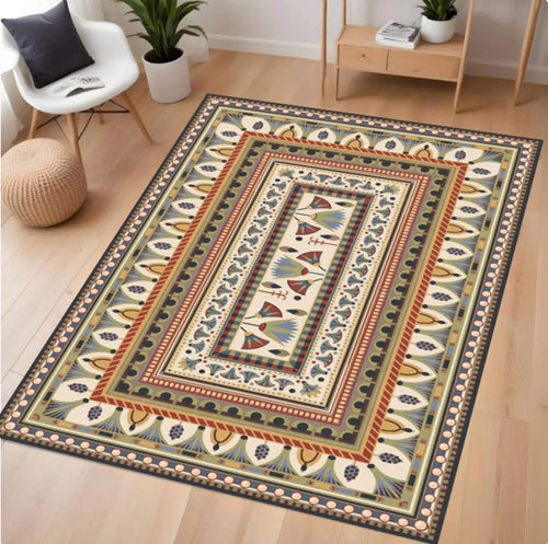 A rectangular area rug with an intricate multicolor geometric and floral pattern, displayed on a light wood floor in a modern living room setting.