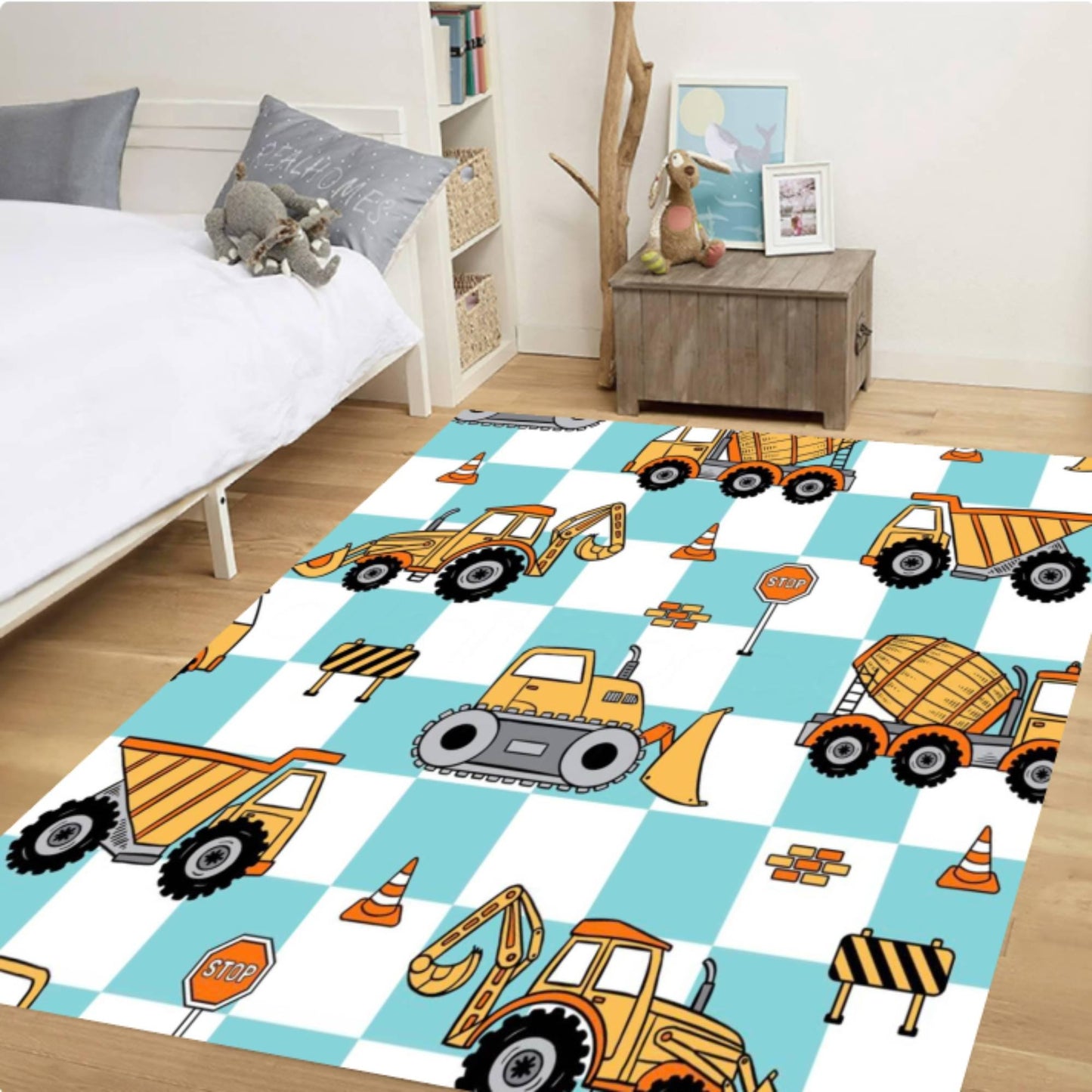 Construction Vehicles Kids Rug - Truck, Tractor & Excavator Playroom Decor Rug