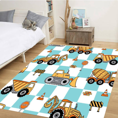 Construction Vehicles Kids Rug - Truck, Tractor & Excavator Playroom Decor Rug