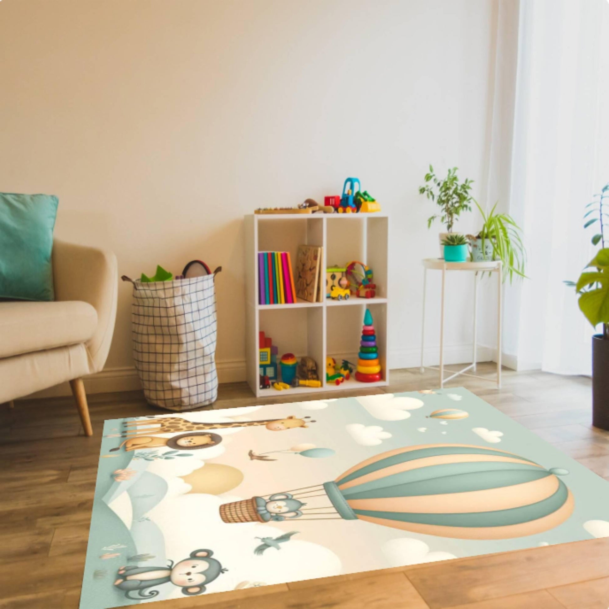 Hot Air Balloon Kids Rug, Safari Animal Nursery Carpet, Pastel Playroom Floor Decor, Washable Area Rug, Non Slip Kids Mat, Baby Room Design