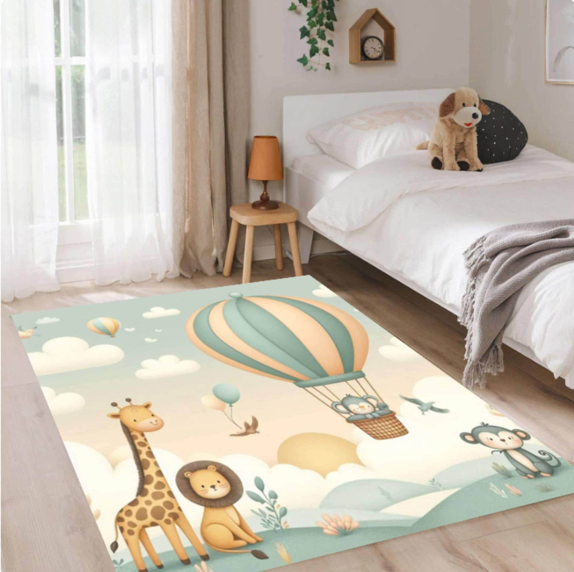 Hot Air Balloon Kids Rug, Safari Animal Nursery Carpet, Pastel Playroom Floor Decor, Washable Area Rug, Non Slip Kids Mat, Baby Room Design