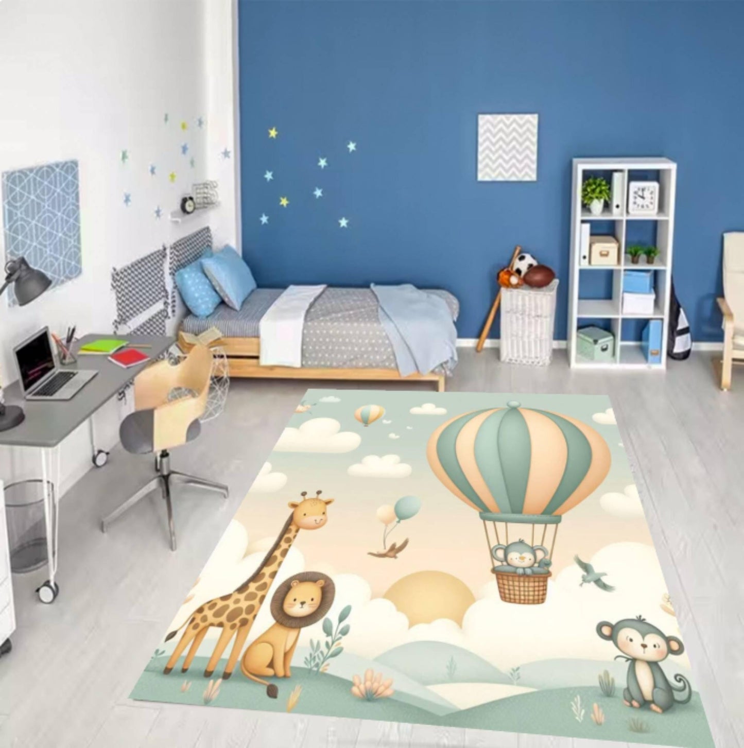 Hot Air Balloon Kids Rug, Safari Animal Nursery Carpet, Pastel Playroom Floor Decor, Washable Area Rug, Non Slip Kids Mat, Baby Room Design
