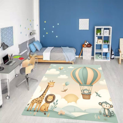 Hot Air Balloon Kids Rug, Safari Animal Nursery Carpet, Pastel Playroom Floor Decor, Washable Area Rug, Non Slip Kids Mat, Baby Room Design