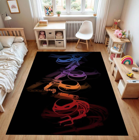 Turtle Kids Rug, Dark Gamer Room Carpet, Washable Playroom Decor