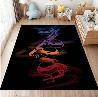 Black rug with colorful abstract design in a room with toys and furniture.