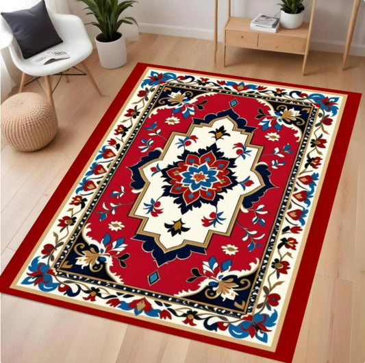 Decorative rug with floral patterns on a wooden floor