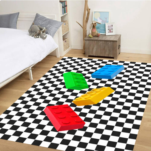 Toy Block Kids Rug, Checkerboard Nursery Decor, Washable Playroom Rug