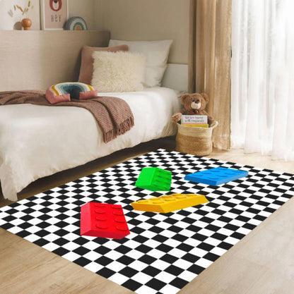 Toy Block Kids Rug, Checkerboard Nursery Decor, Washable Playroom Rug