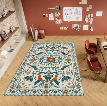 Washable Floral Rug with Birds with Botanical Folk Art