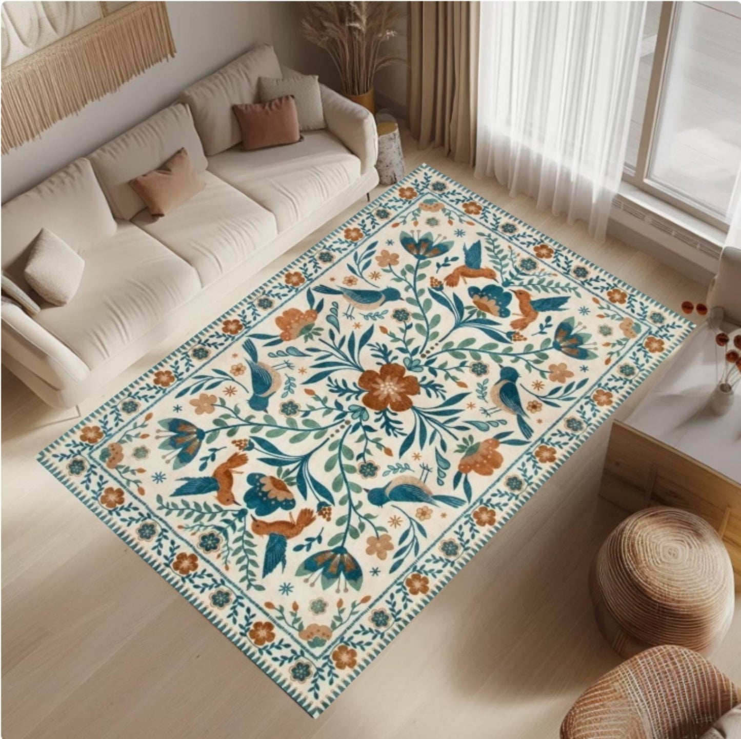 Washable Floral Rug with Birds with Botanical Folk Art