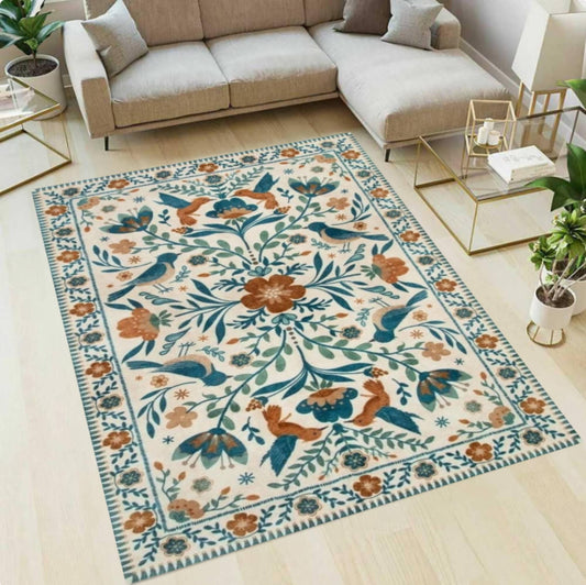 Floral Bird Area Rug, Washable Folk Art Botanical Carpet