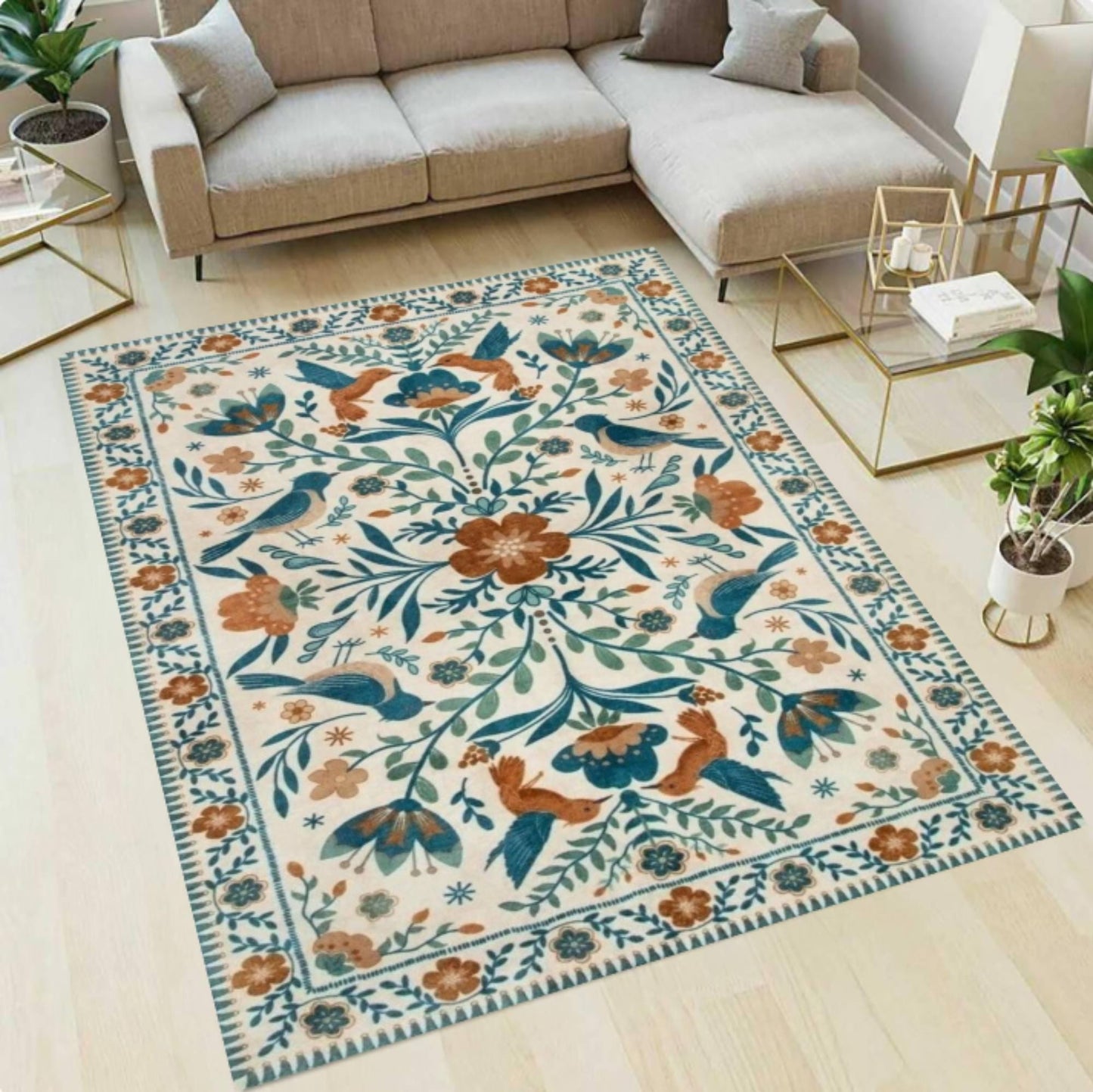 Washable Floral Rug with Birds with Botanical Folk Art