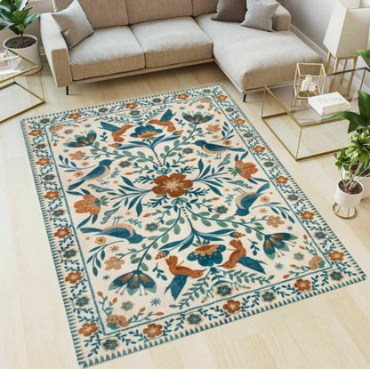 Washable Floral Rug with Birds with Botanical Folk Art