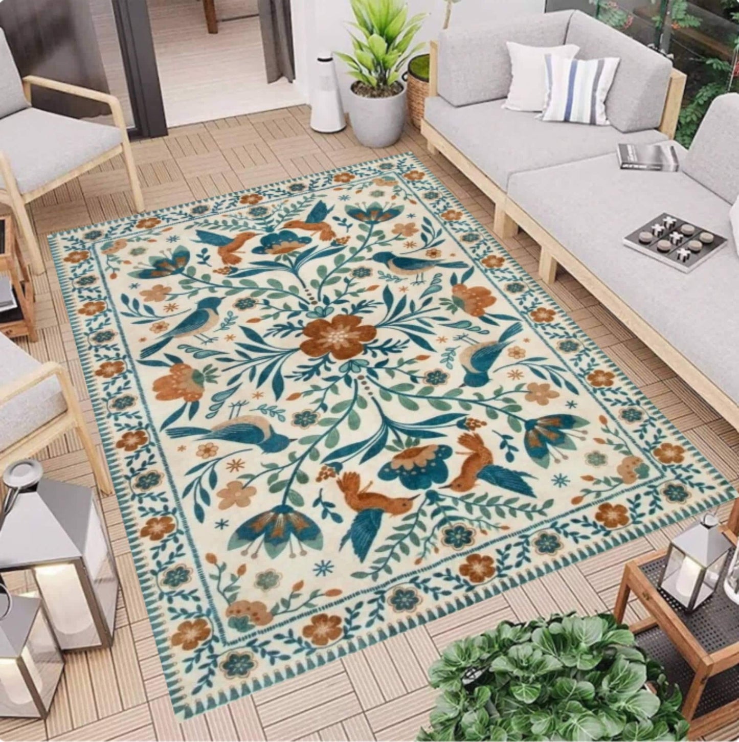 Washable Floral Rug with Birds with Botanical Folk Art