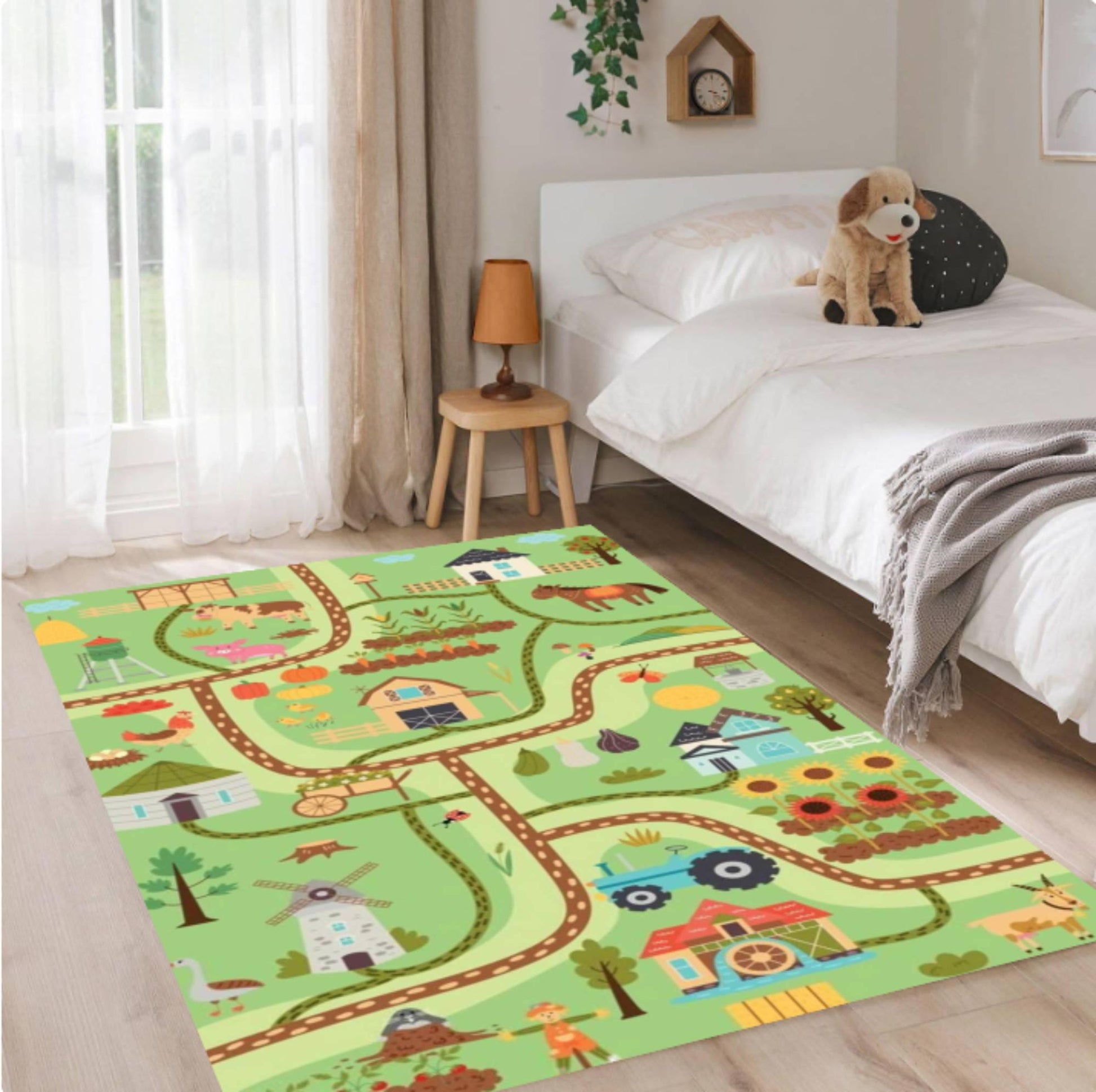 Kids Farm Playroom Rug, Educational Road Map, Washable Nursery Decor