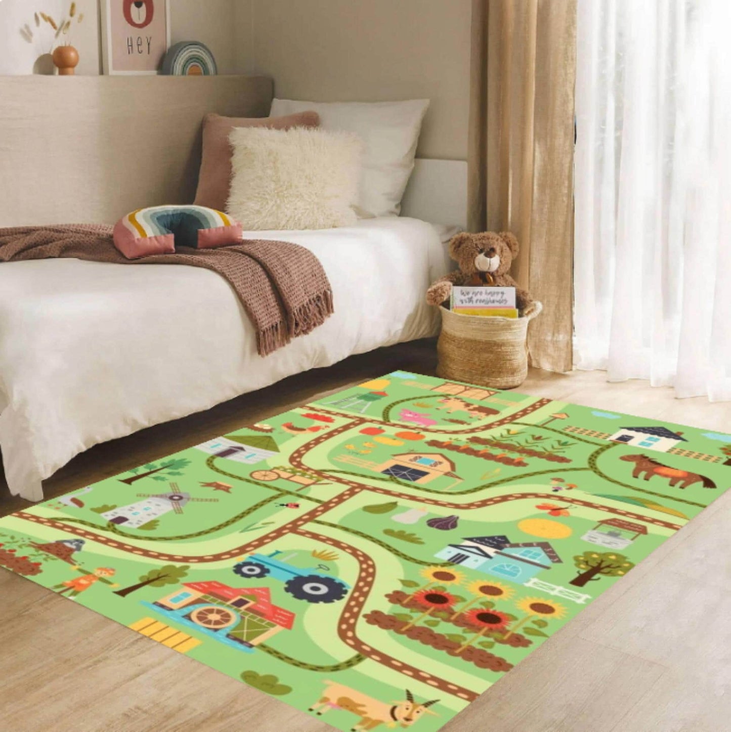 Kids Farm Playroom Rug, Educational Road Map, Washable Nursery Decor