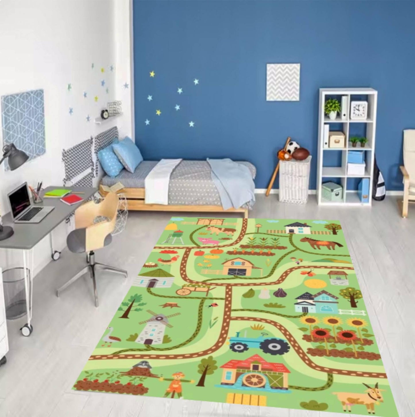 Kids Farm Playroom Rug, Educational Road Map, Washable Nursery Decor