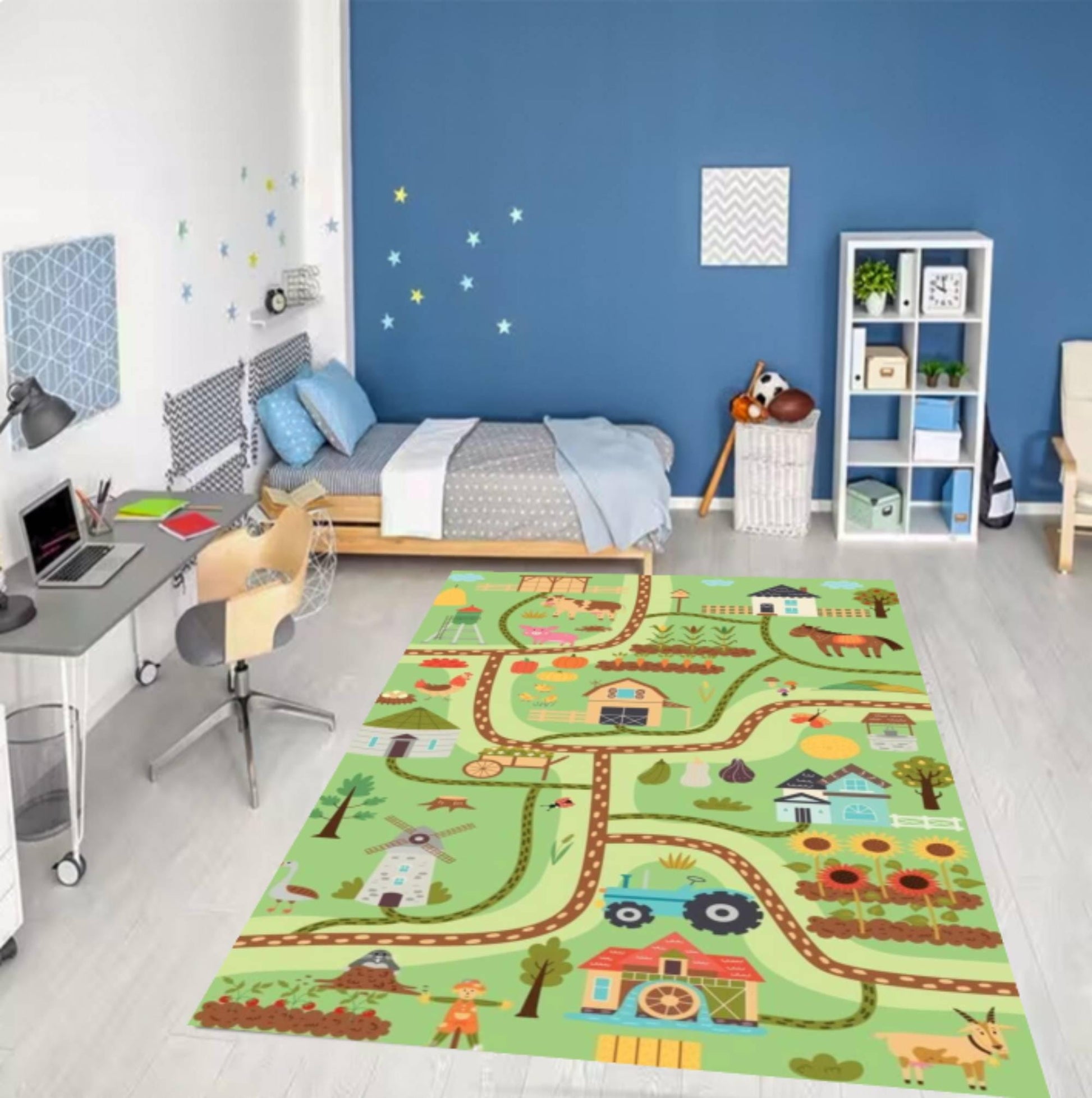 Kids Farm Playroom Rug, Educational Road Map, Washable Nursery Decor